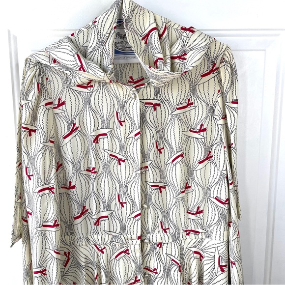 Bergdorf Goodman Bow-Neck Hat Print Silk Cream Red Easter Silk Midi Dress Size L - Picture 6 of 10